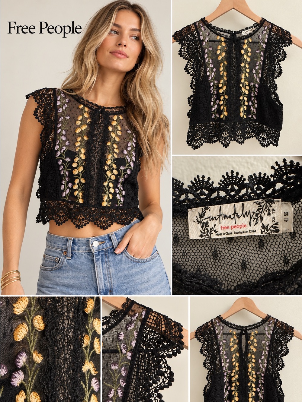 Free People Intimately Black Embroidered Lace Cropped Top Size XS